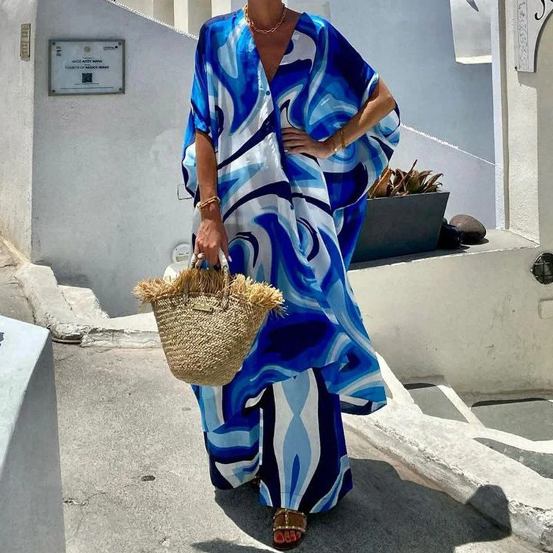 European And American Fashionable Batwing Sleeve Top Wide Leg Trousers Two-piece Set Trousers Summer Linen