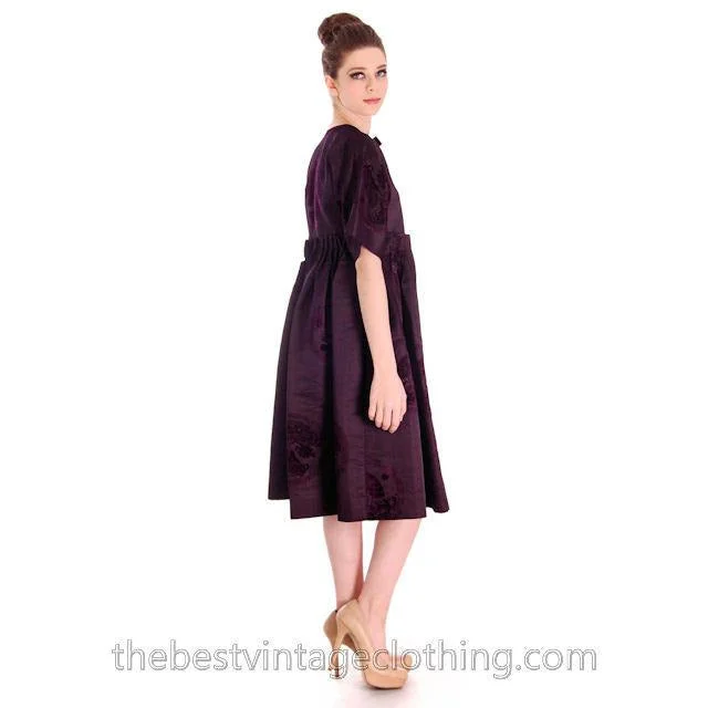Vintage Aubergine Silk Evening Coat Created 1960s of Antique Fabric Provenance S Buttoned Toggled Snapped