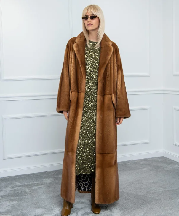 Women’s Full-Length Whiskey Mink Fur Coat Hooded Caped Scarf