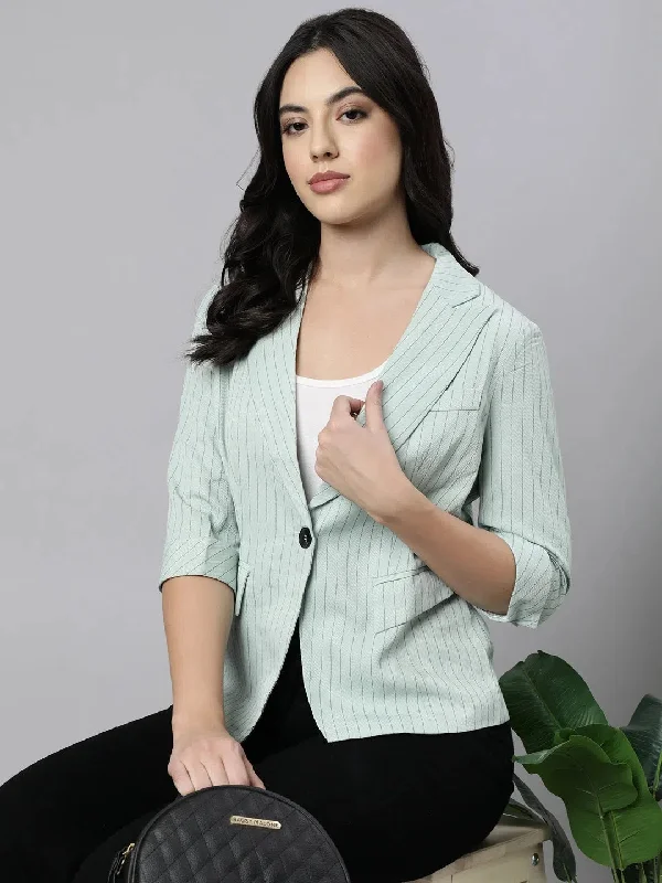 Women Sea Green Single-Breasted Blazer-21911-Seagreen Women's Handmade Blazer
