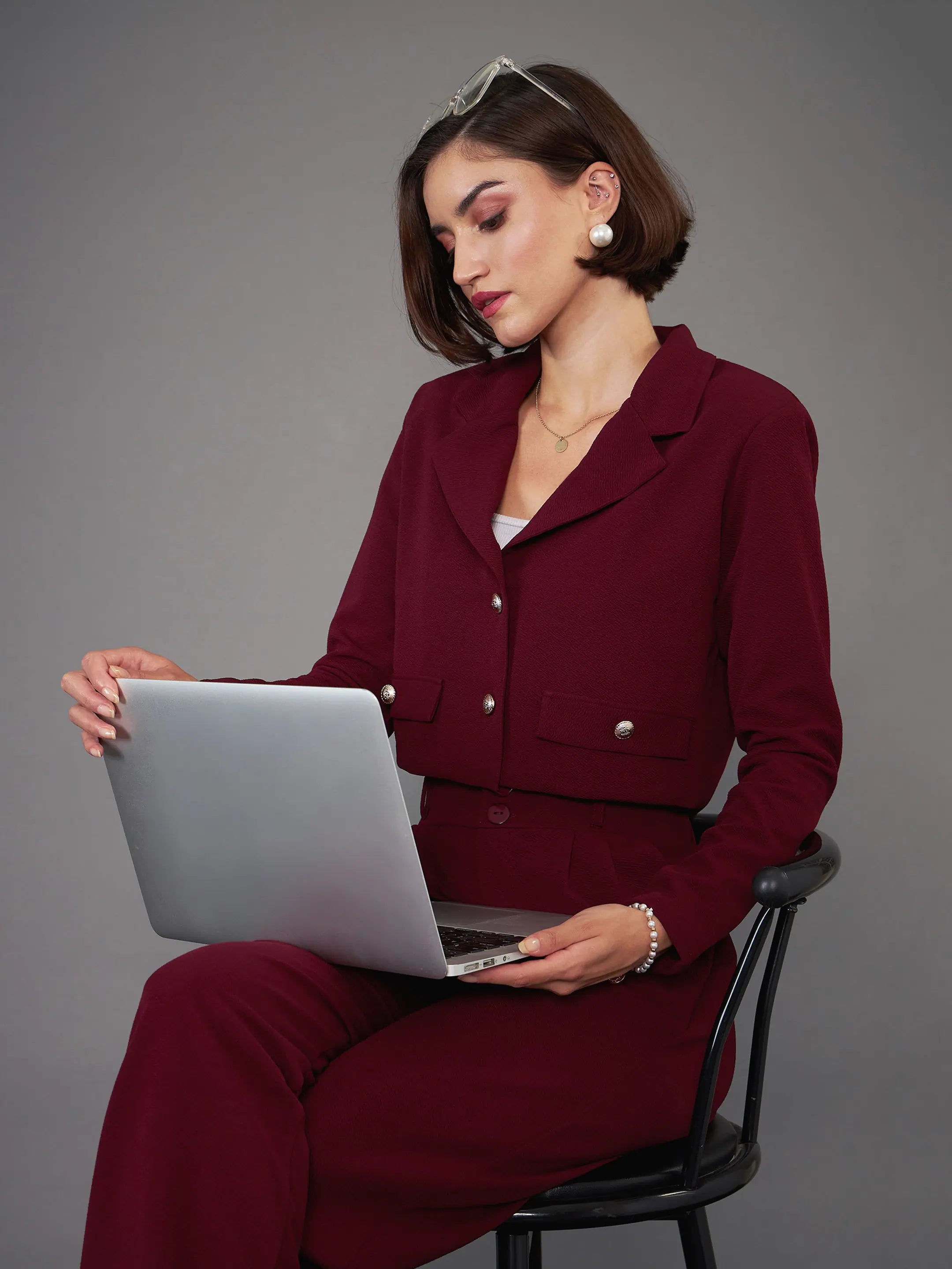 Women Burgundy Notch Collar Crop Blazer High-End Women's Suit