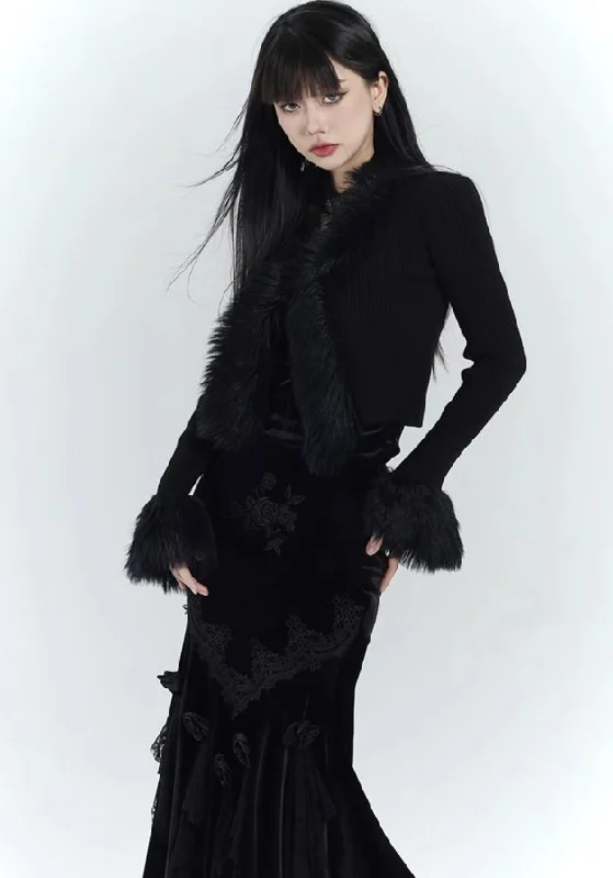 Long Fur Slim Elegant Cardigan LAD0003 Silk Blend Satin Velvet