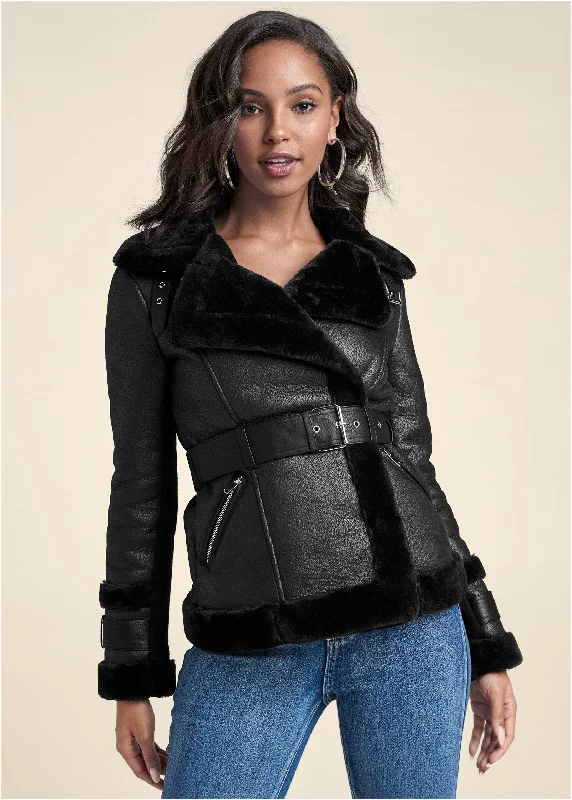 Faux-Leather & Fur Coat - Black Sequined Lace Ribbed