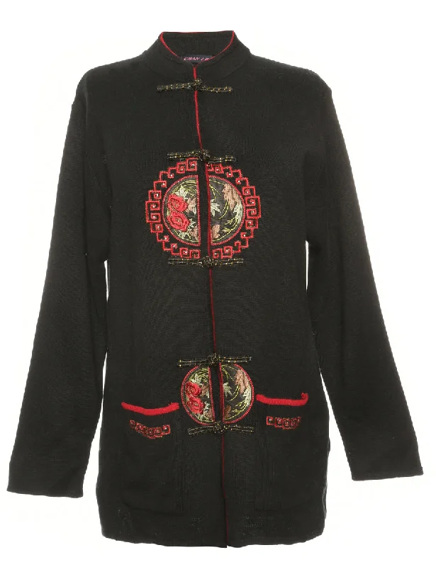 Black Embroidered Cardigan - M Chenille Blend Fleece Blend Nylon Blend