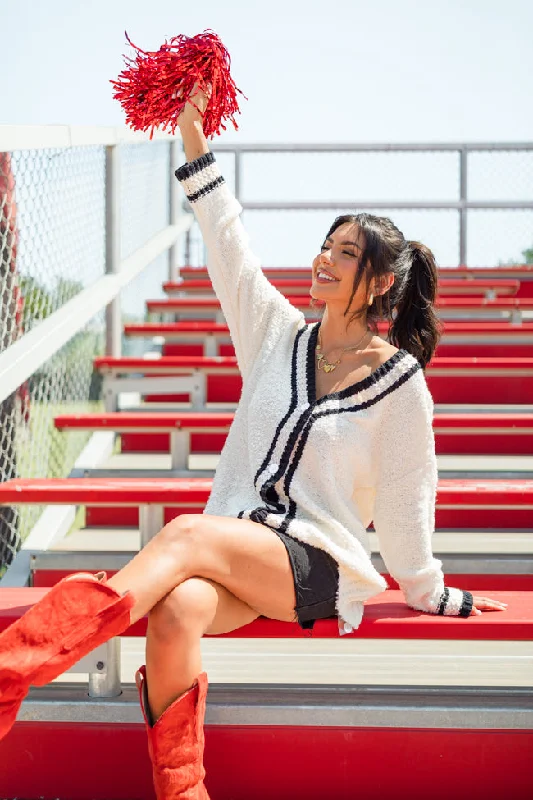 She's Cheer Captain Ivory and Black Textured Trim Cardigan FINAL SALE Houndstooth Herringbone Solid