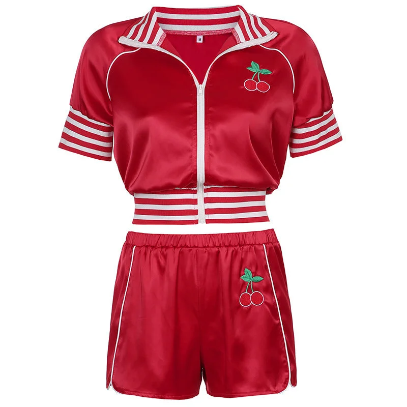 Cherry Embroidered Navel Zipper Cardigan Elastic Shorts Set Boxy Cardigan Fitted Cardigan A-Line Cherry Embroidered Navel Zipper Cardigan Elastic Shorts Set Boxy Cardigan Fitted Cardigan A-Line