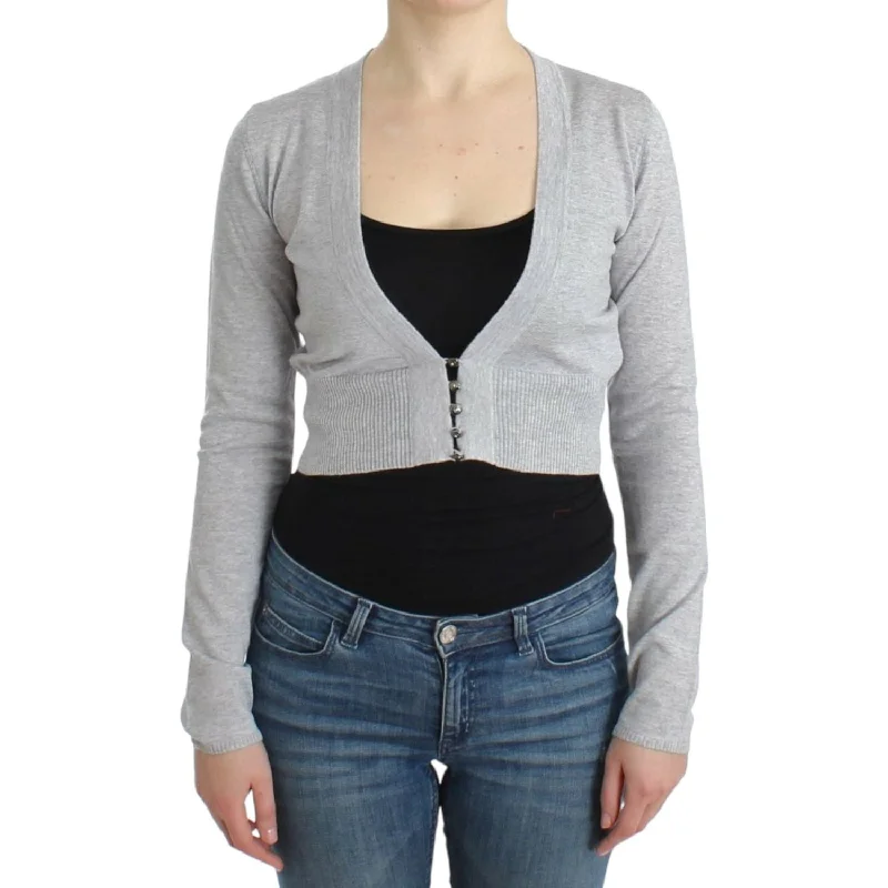 Cavalli Cropped Virgin Wool Cardigan in Chic Gray Notch Collar Peter Pan Collar Cowl Neck Cavalli Cropped Virgin Wool Cardigan in Chic Gray Notch Collar Peter Pan Collar Cowl Neck