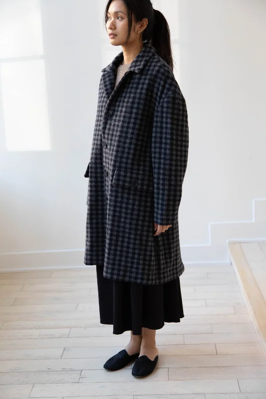 Evan Kinori | Big Coat in Brushed Cashmere Wool Check Chenille Brocade Lace