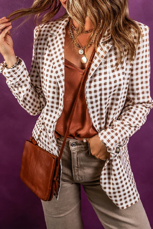 Chestnut Check Print Single Button Lapel Collar Blazer Women's Solid Blazer