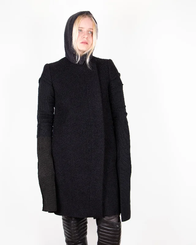 2000s Rick Owens Black Wool Coat M Hooded Jacket Zipper Jacket Button Jacket