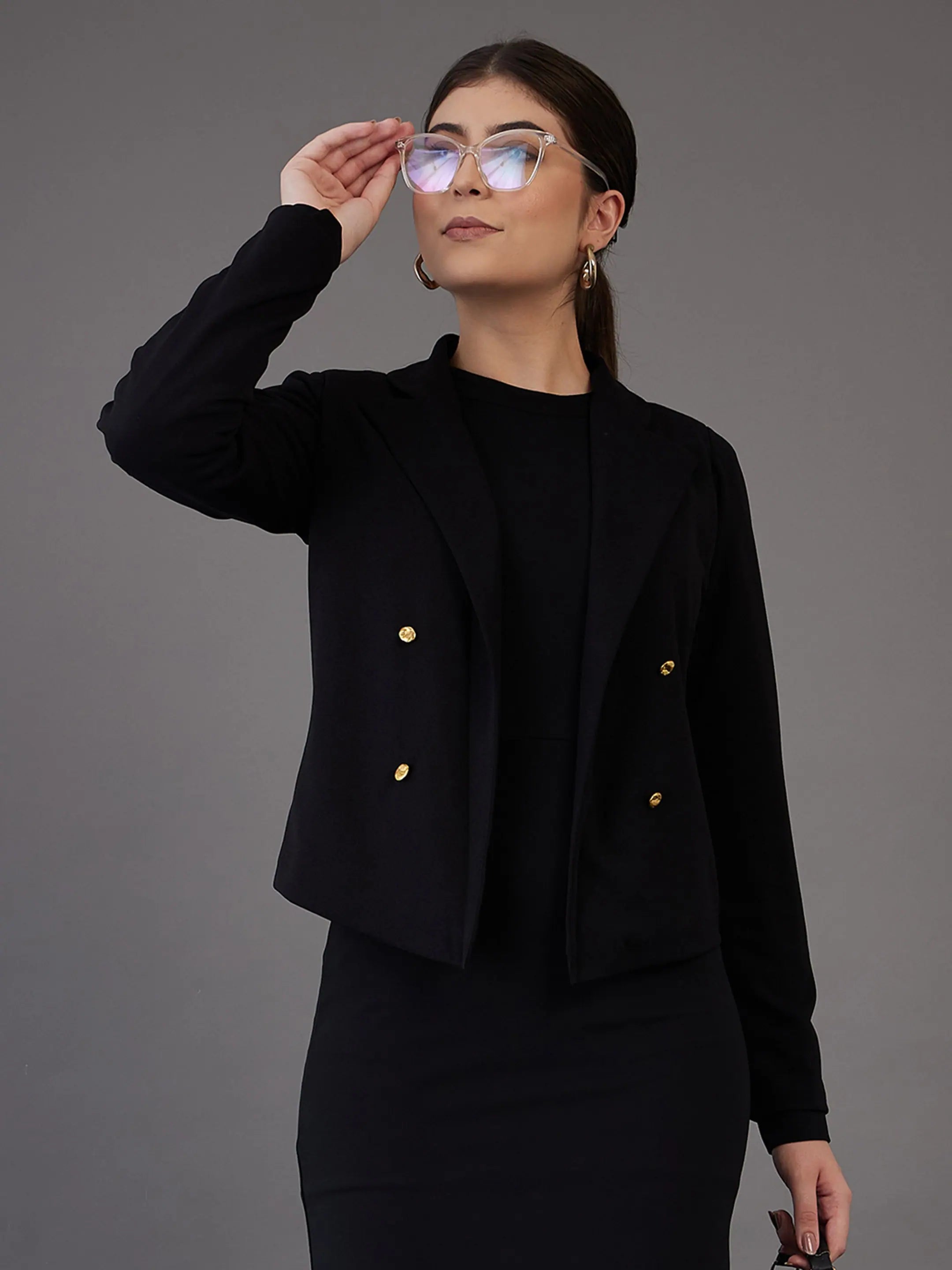 Women Black Notch Collar Single-Breasted Blazer Women's Leather Blazer