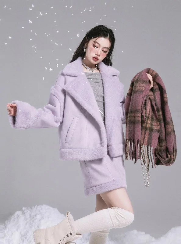 StellaLou Purple Fur Coat/Skirt COT0183 Hooded Caped Scarf
