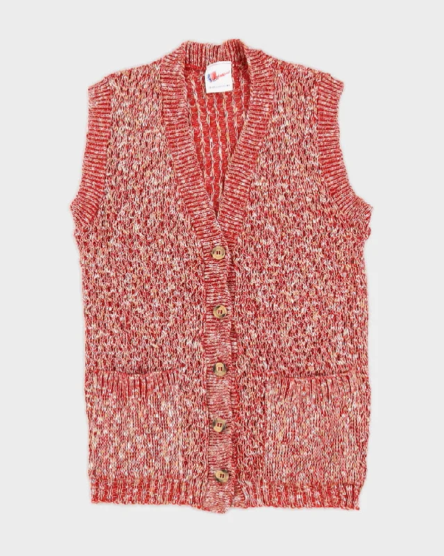 Vintage 90s Americana Red Knit Sleeveless Cardigan - M Ribbed Striped Patterned