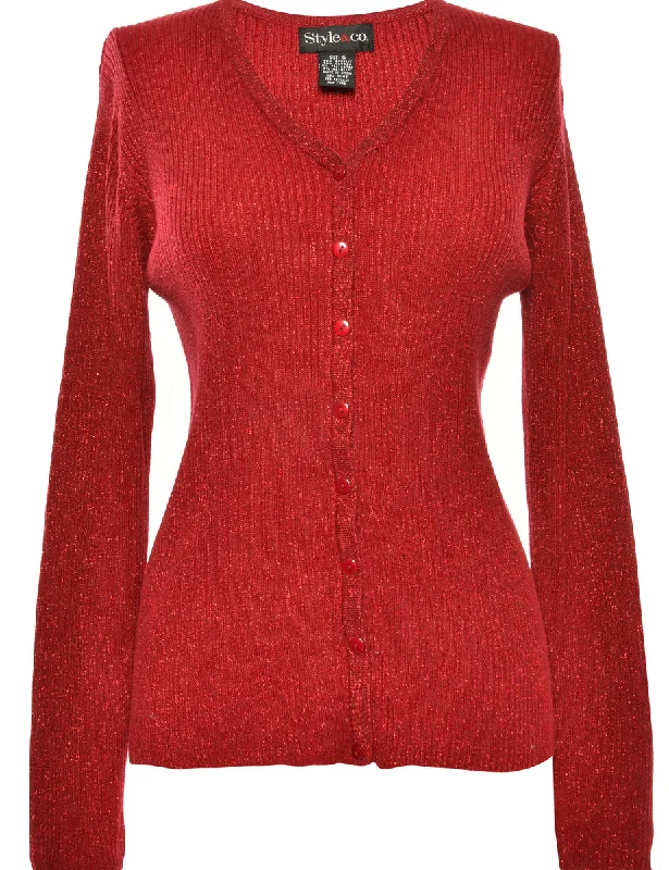 Lurex Thread Pattern Red Cardigan - S Wool Fabric Cashmere Fabric Tweed Fabric