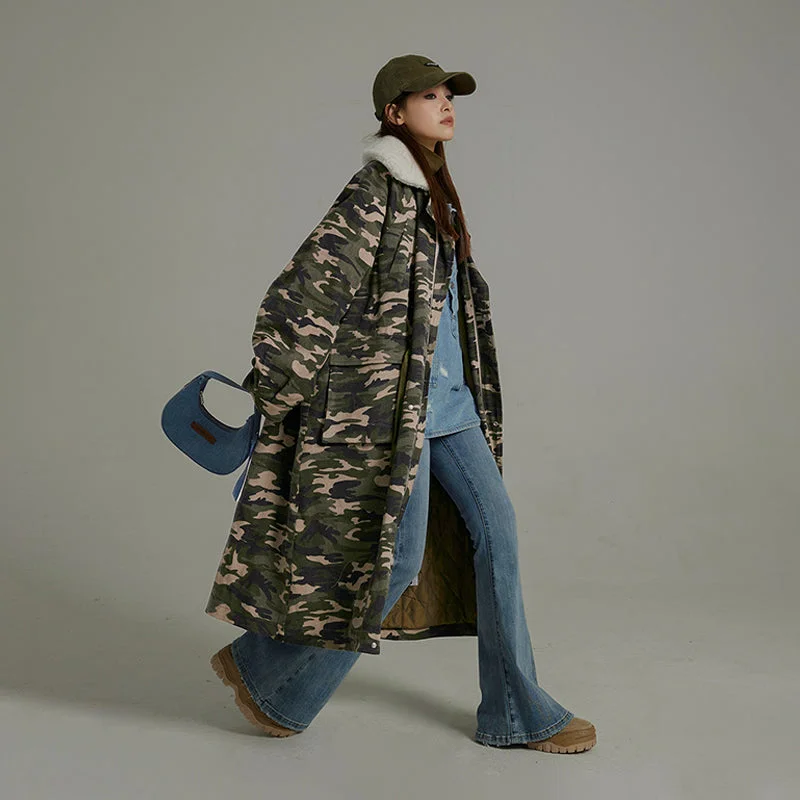Camo Loose Fit Dumble Collar Coat Plaid Tartan Floral