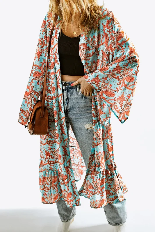 Printed Open Front Duster Cardigan Knit Fabric Woven Fabric Fleece Fabric