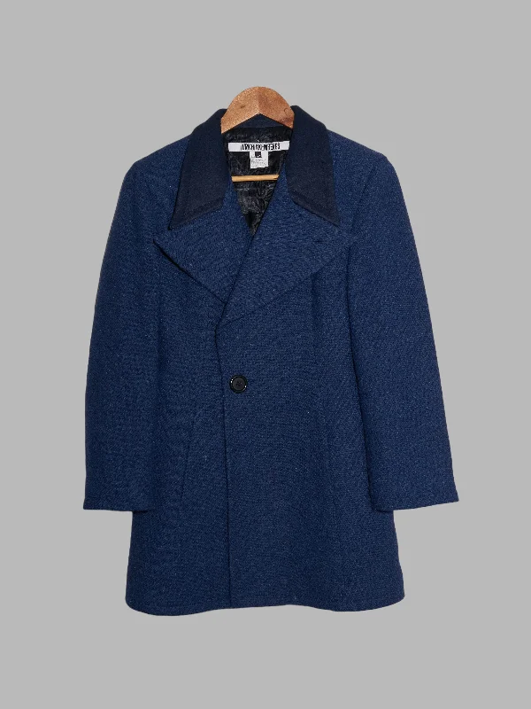 Dirk Bikkembergs 1990s blue wool tweed peak lapel short coat Suede Faux Fur Shearling
