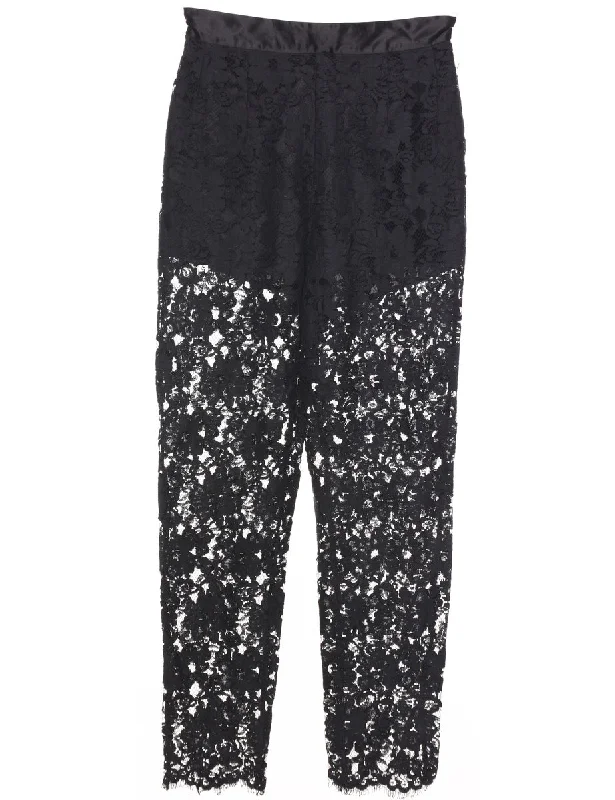 Lace Black Trousers - W25 L26 Wide Leg Loose Fit Mid Waist