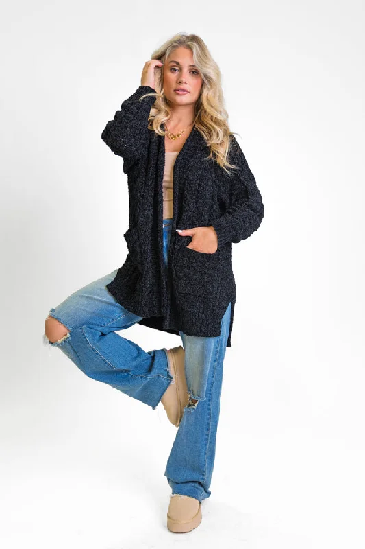 Perfect Day Black Chenille Cable Knit Cardigan FINAL SALE Terry Terry Cloth Terry Knit