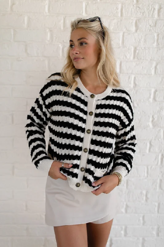 Just Say When Black and Ivory Striped Textured Cardigan FINAL SALE Iron Safe Non-Iron Wrinkle Free