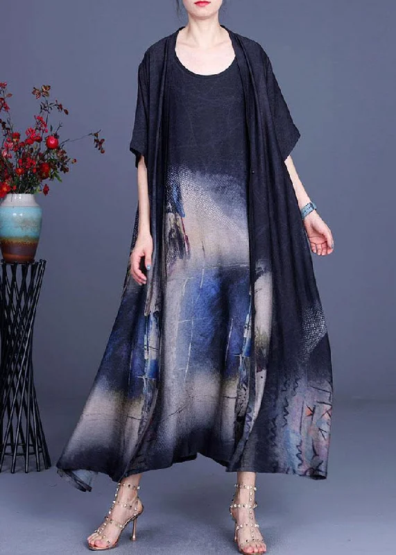 Elegant Black Print Silk Cardigans Braces Skirt Two Pieces Set Terry Blend Velvet Blend Canvas Blend