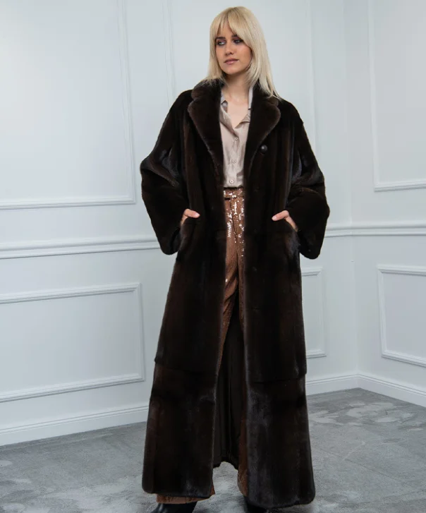 Women’s Full-Length Mahogany Mink Fur Coat Cuffed Rolled Raglan