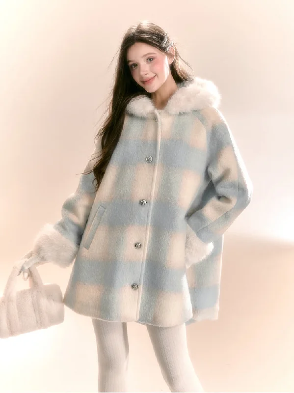A-line Hooded Checkered Woolen Tweed Coat QDQ0101 Herringbone Houndstooth Plaid