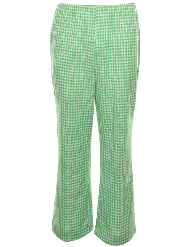 Houndstooth Light Green & Off-White Flared Trousers - W30 L28 Chinos Cotton Straight Leg