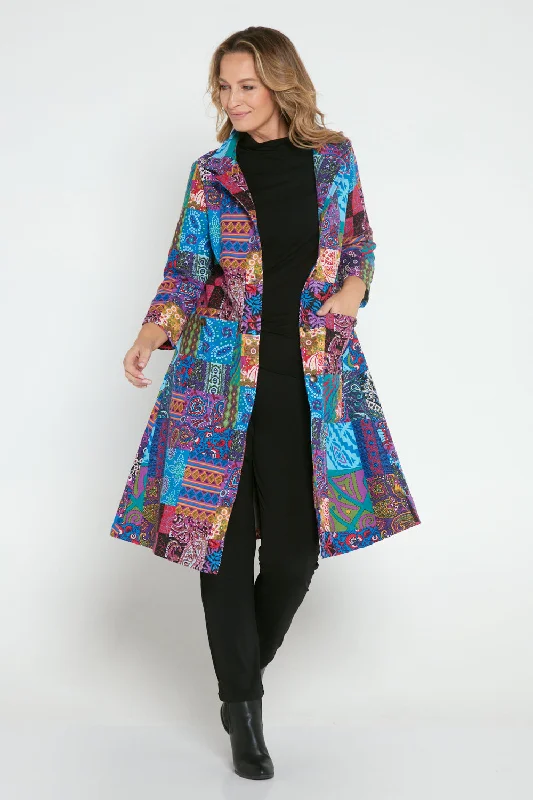 Carlton 3/4 Sleeve Fleece Lined Coat - Blue Patchwork Tie-Waist Belted Drawstring