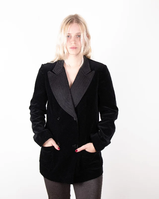 1980s Krizia Black Velvet Blazer with Oversized Silk Collar Women's Lightweight Blazer