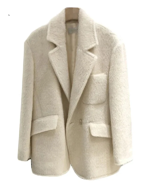 Furry Casual Woolen Coat For Women Notched Collar Loose Blazer Coats Silk Women's Blazer
