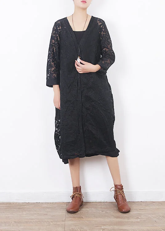 French black lace clothes For Women Omychic Work Outfits v neck loose summer hollow out cardigan Solid Print Embellished