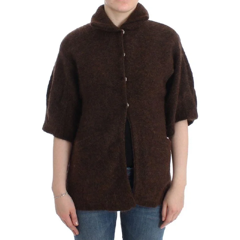 Cavalli Elegant Short Sleeved Brown Cardigan Print Jacquard Patchwork