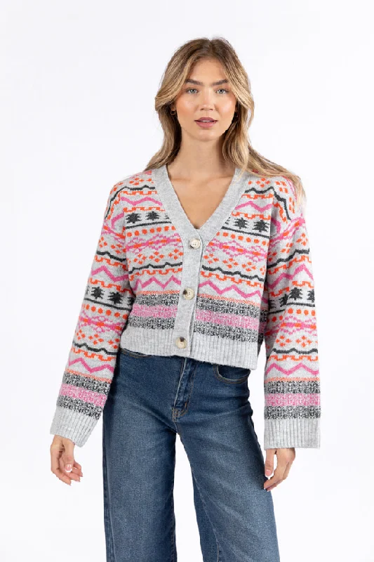 Fair And Square Grey And Pink Fair Isle Cardigan FINAL SALE Welt Pockets Slit Pockets Flap Pockets