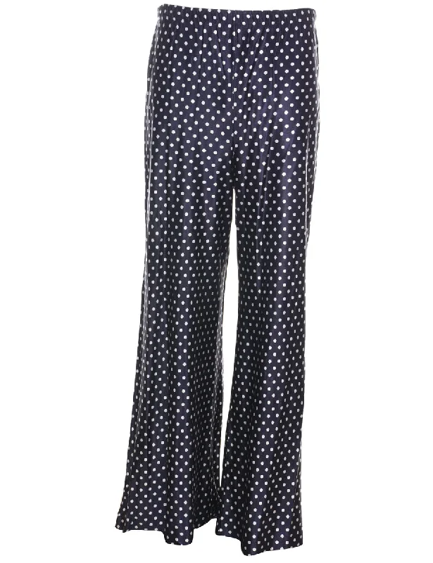 Polka Dot Print Navy & White Flared Trousers - W26 L31 High Waist Slim Fit Ankle Length