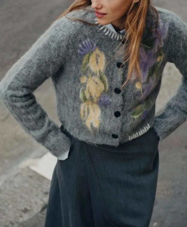 Floral Jacquard Knit Cardigan Terry Terry Cloth Terry Knit
