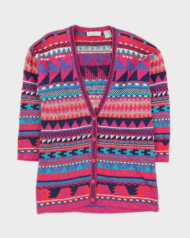 00s Pink Patterned Knitted Cardigan - M Spandex Blend Rayon Blend Denim Blend