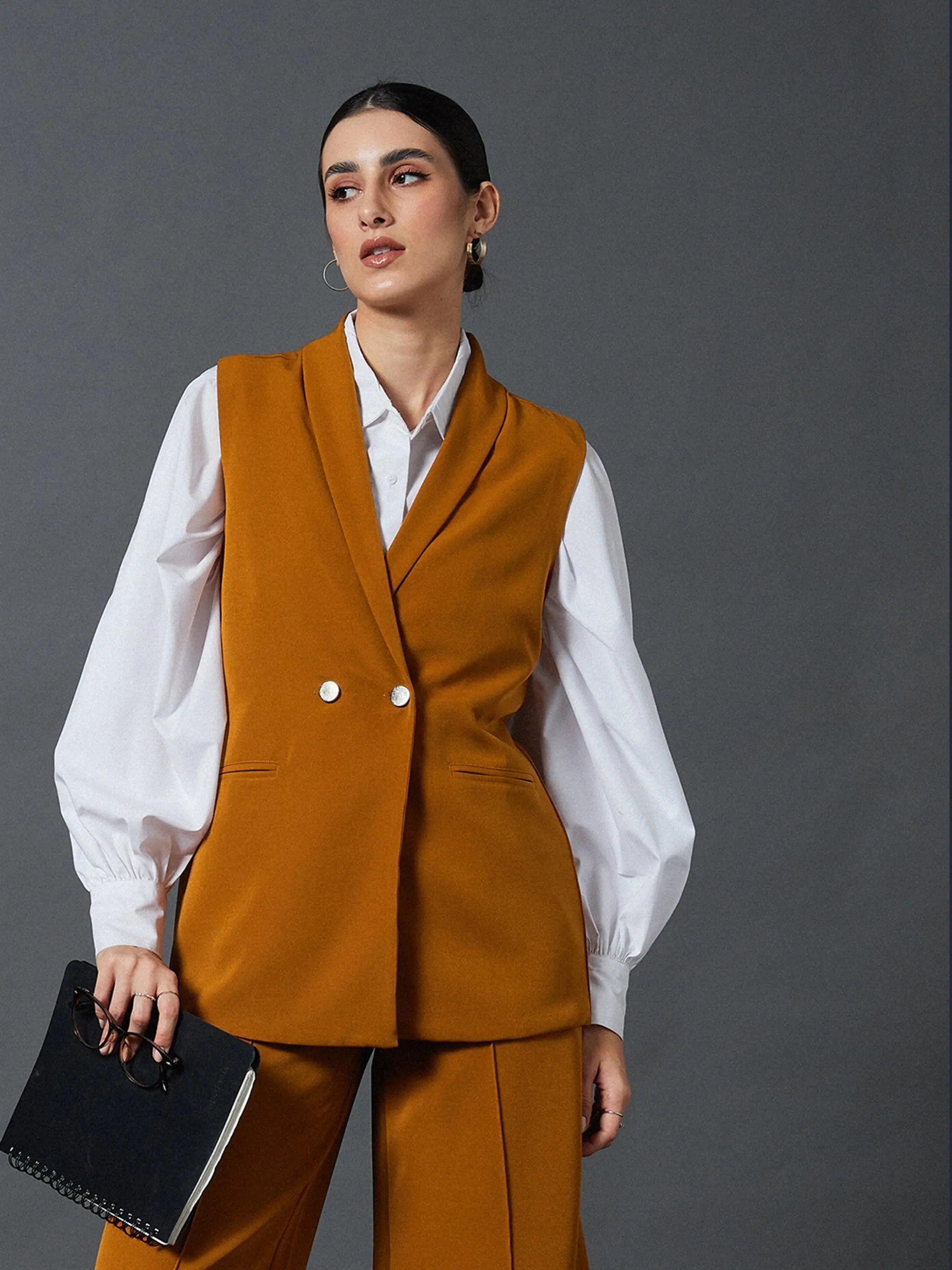 Women Mustard Double-Breast Sleeveless Longline Blazer Linen Women's Suit