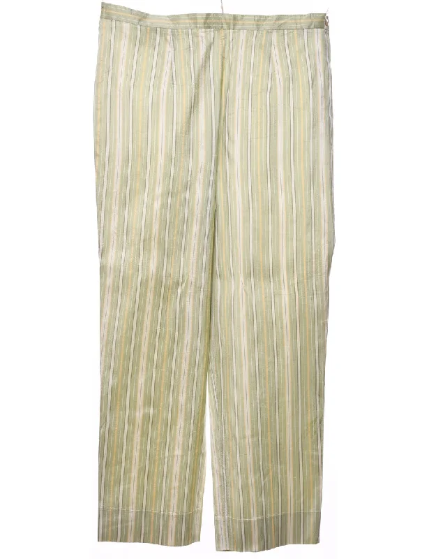 Striped Light Green, White & Yellow 100% Silk Trousers - W32 L26 Trousers Spring Floral