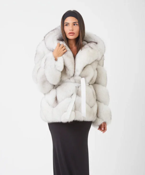 Women’s Hooded Natural Blue Fox Fur Robed Coat Down Puffer Quilted