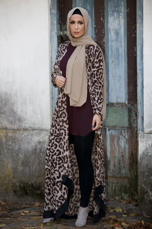 BLACK BORDER CHEETAH PRINT MAXI CARDIGAN Embroidered Appliqued Beaded