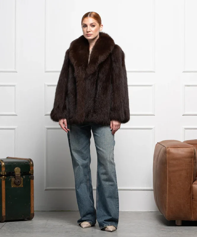 Women’s Brown Fox Fur Coat Tweed Herringbone Houndstooth