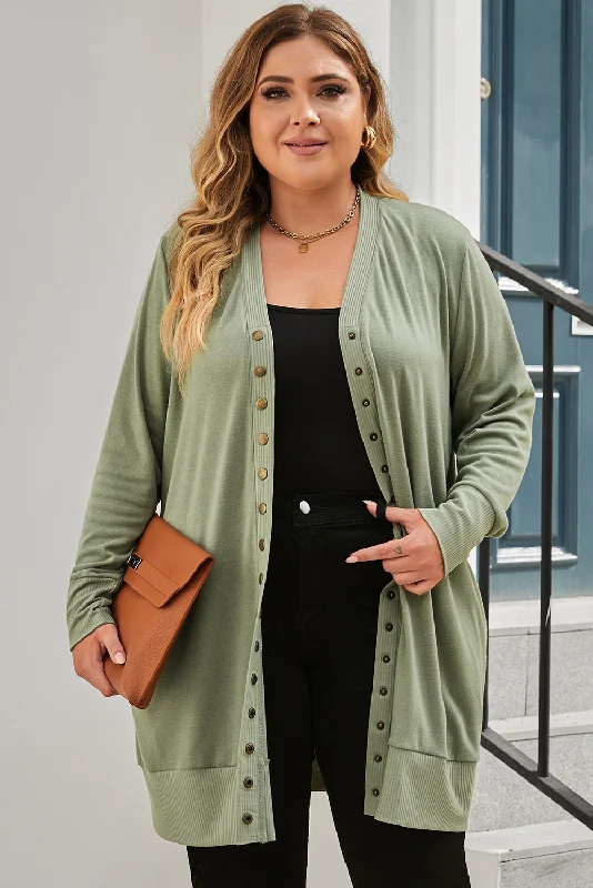 Snap Up V-Neck Long Sleeve Cardigan with Pockets Layered Multi-layer Single Layer