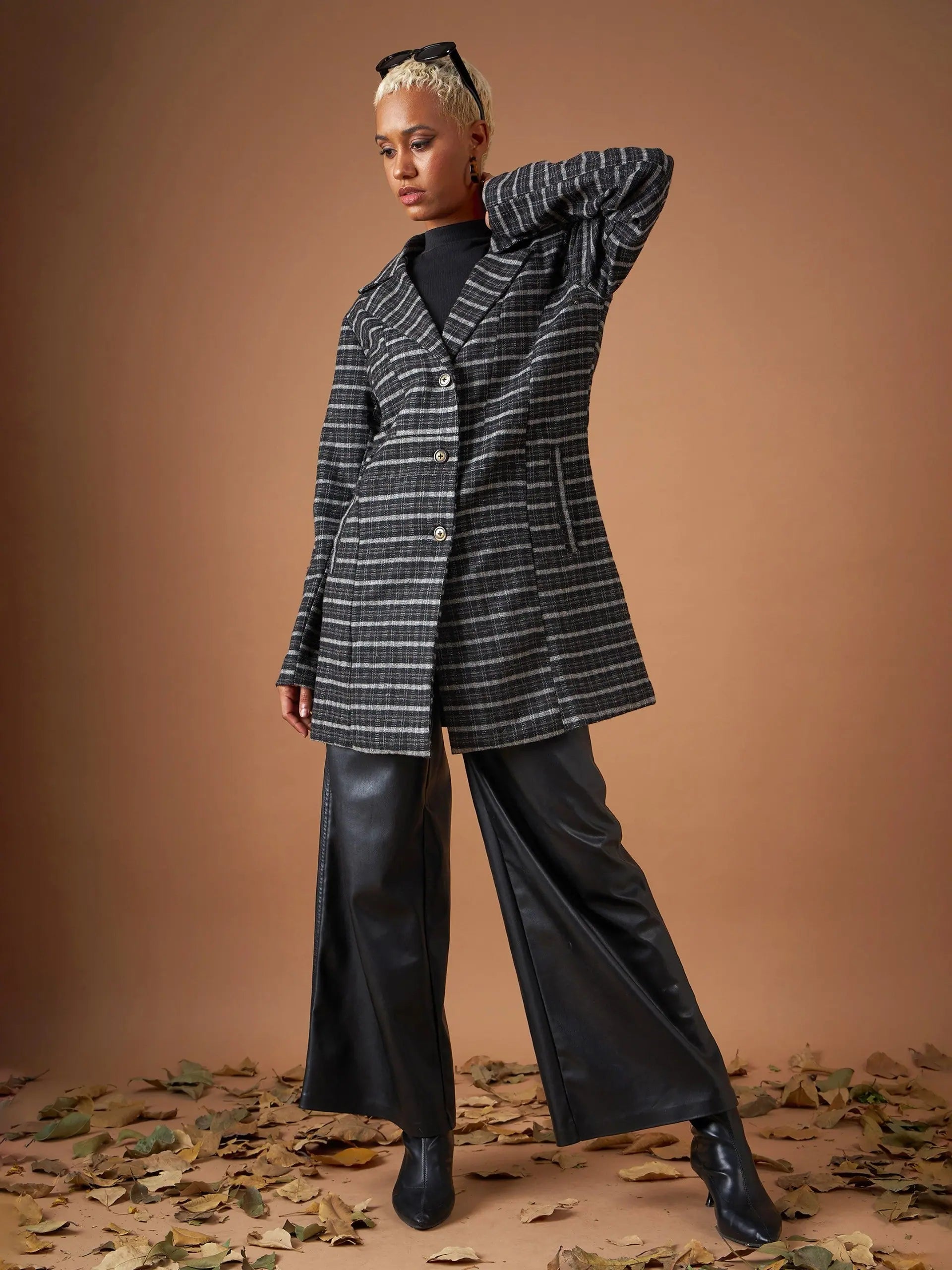 Women Black Check Jacquard Tweed Notch Collar Longline Blazer Women's Navy Jacket