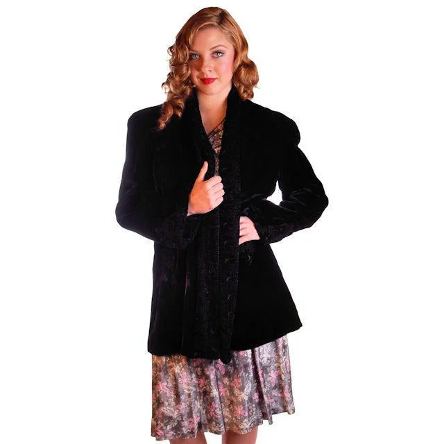 Vintage Black Silk Velvet Evening Coat Trapunto Designs 1940S 42" Bust Square Neck One-Shoulder Off-the-Shoulder