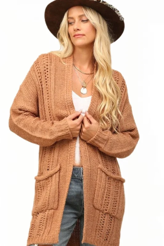Soft Knit Long Cardigan Style 45060 Welt Pockets Slit Pockets Flap Pockets