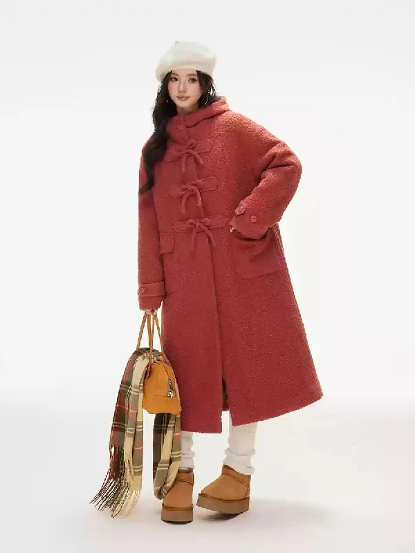 Christmas Bow Loose Hooded Woolen Llong Coat IMO0084 Hook-and-Loop Buckled Tied