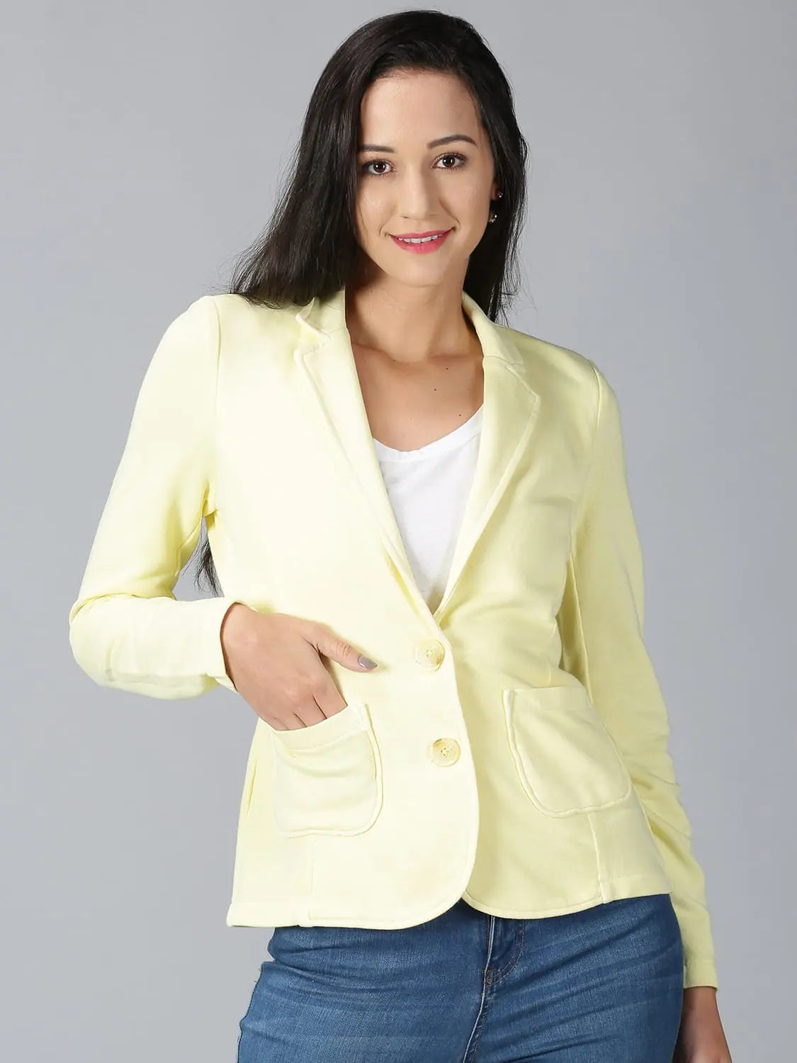 Women Solid Blazer Yellow Women's Solid Blazer