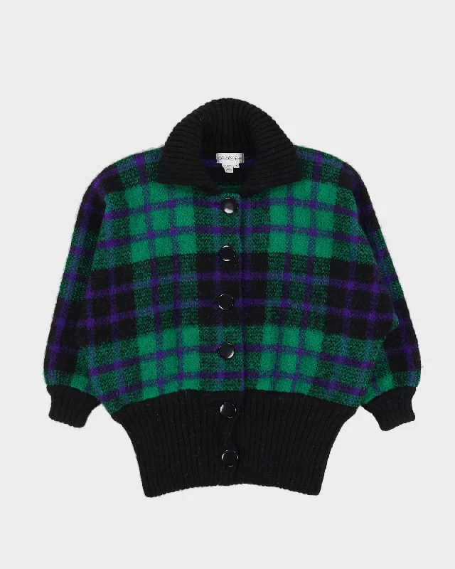 00s Green Tartan Patterned Knitted Cardigan - M / L Polka Dot Checkered Tartan