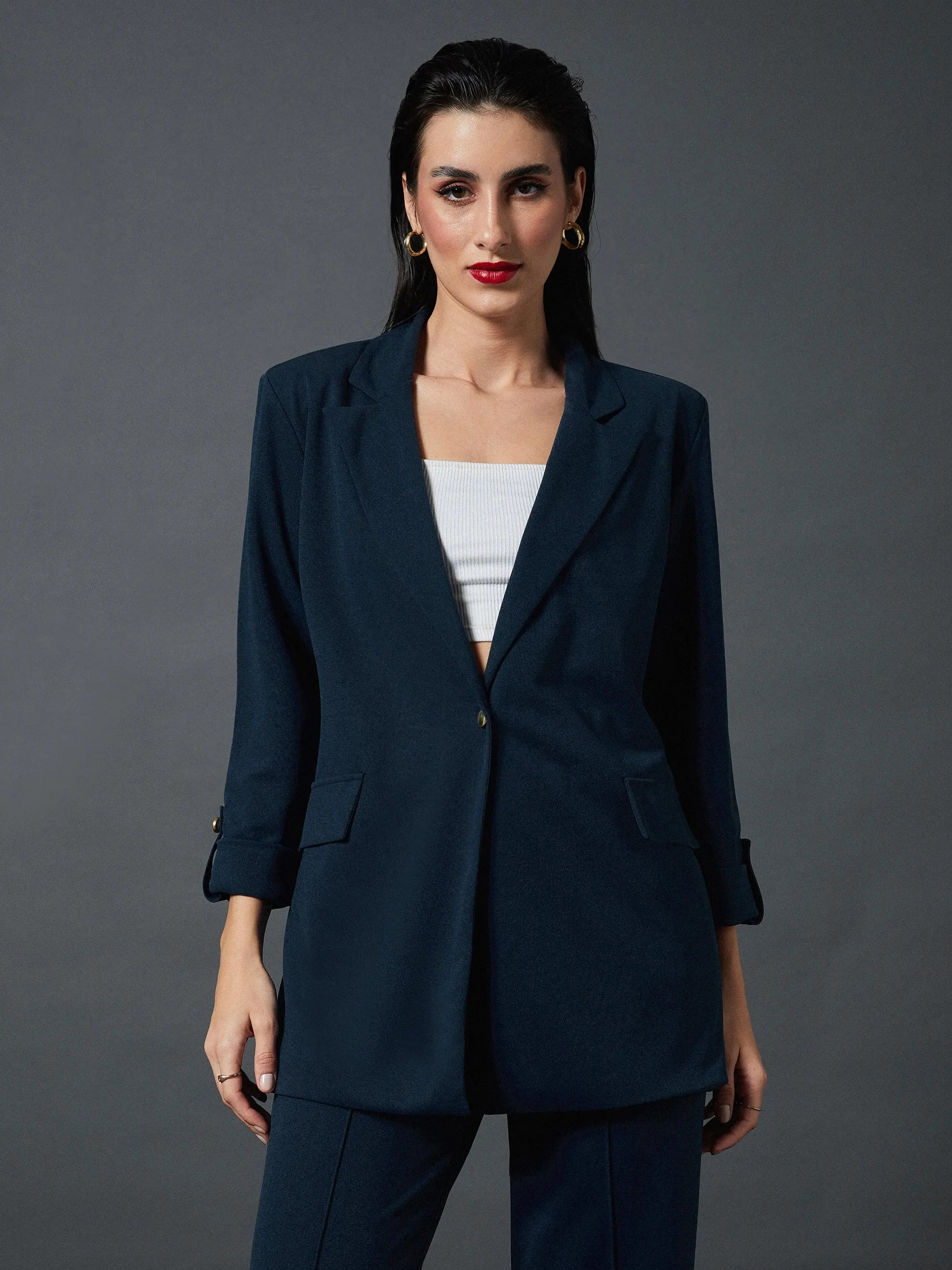 Women Airforce Blue Longline Front Open Blazer Women's Advanced Suit